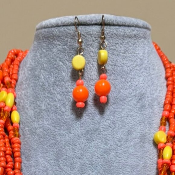 Multi Orange Five Long Strand Can Be wrapped for shorter look Necklace Earring - Picture 3 of 4